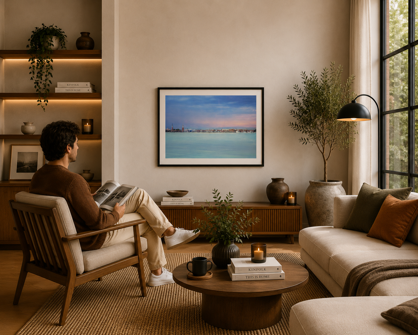 Panoramic view of Venice skyline across calm water beneath pastel skies.