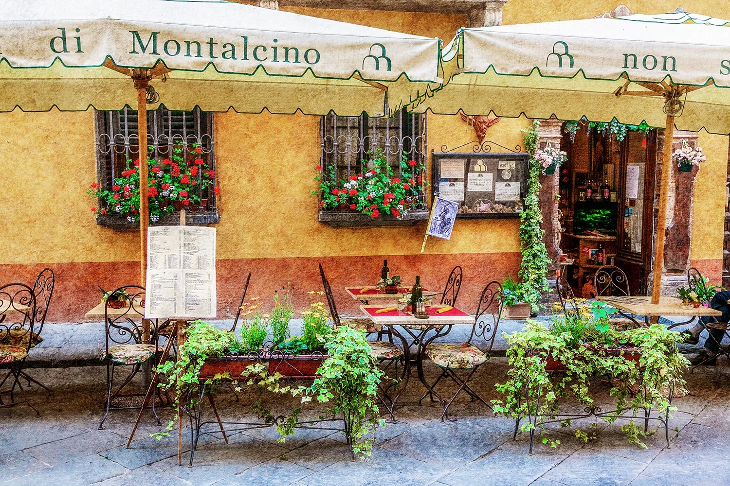 Traditional Italian café courtyard with ivy, flowers and outdoor tables.