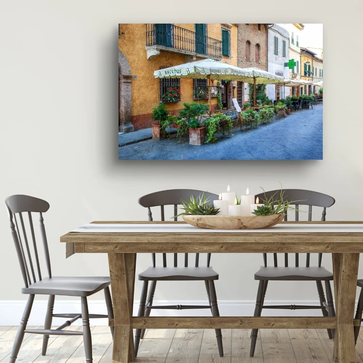 Outdoor Italian restaurant with tables and umbrellas