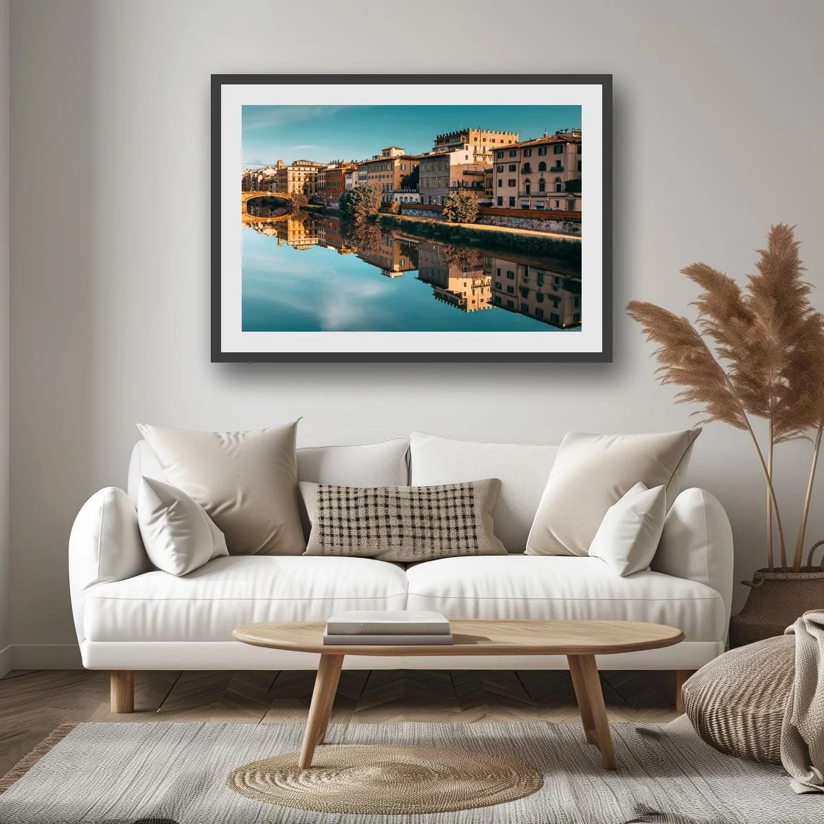 Historic Florence buildings reflected in calm river water.