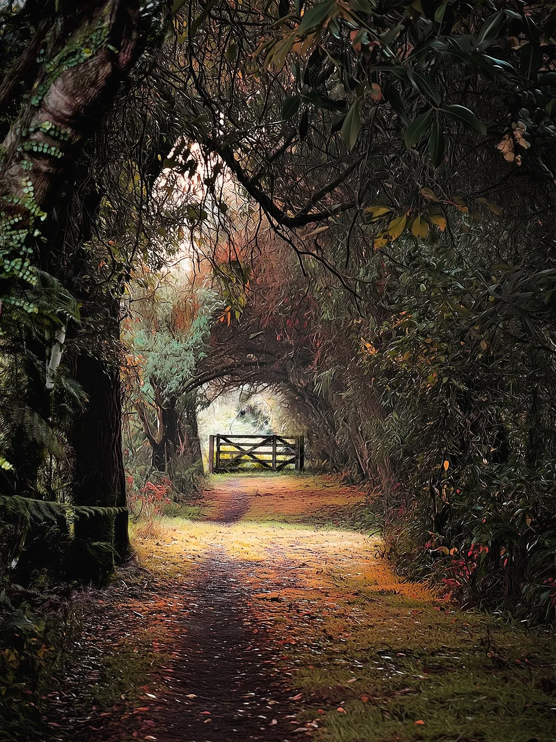 A wooded pathway with a gate at the end, surrounded by dense, dark foliage and trees creating an arch overhead, with sunlight filtering through.