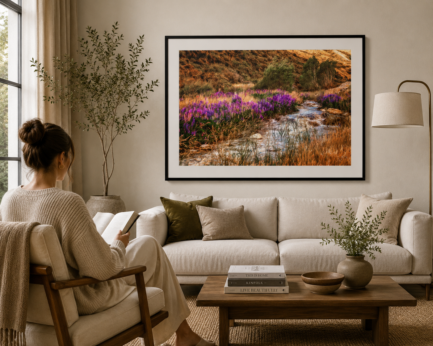 Purple lupins growing beside a winding stream in New Zealand high country.