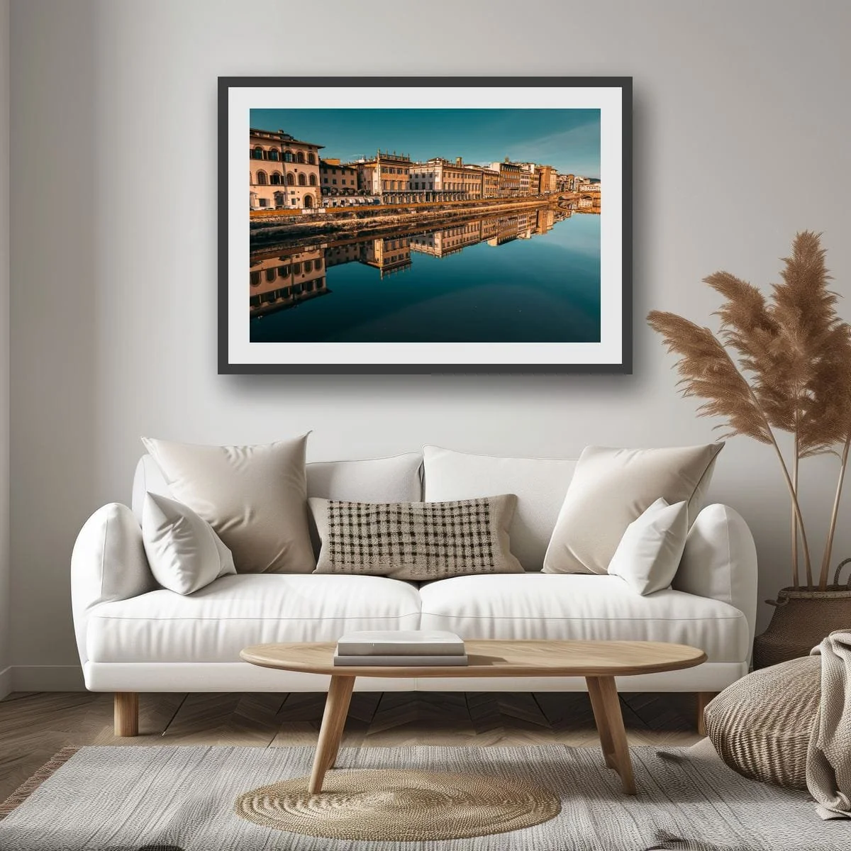Florence cityscape with river reflections under warm evening light.