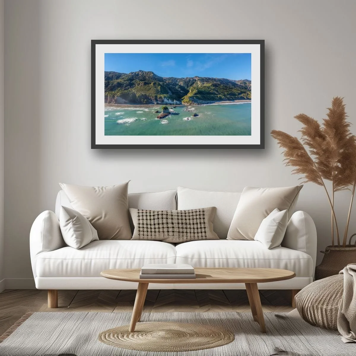 Aerial view of West Coast cliffs and sea stacks.