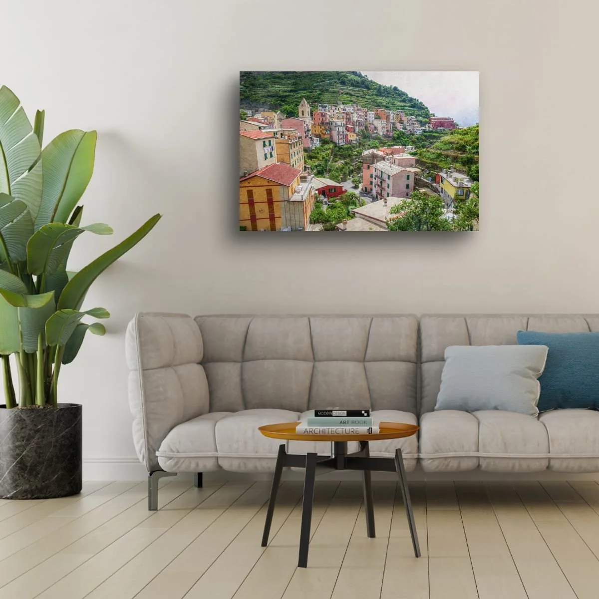Colourful hillside village with terraces and gardens in Italy.