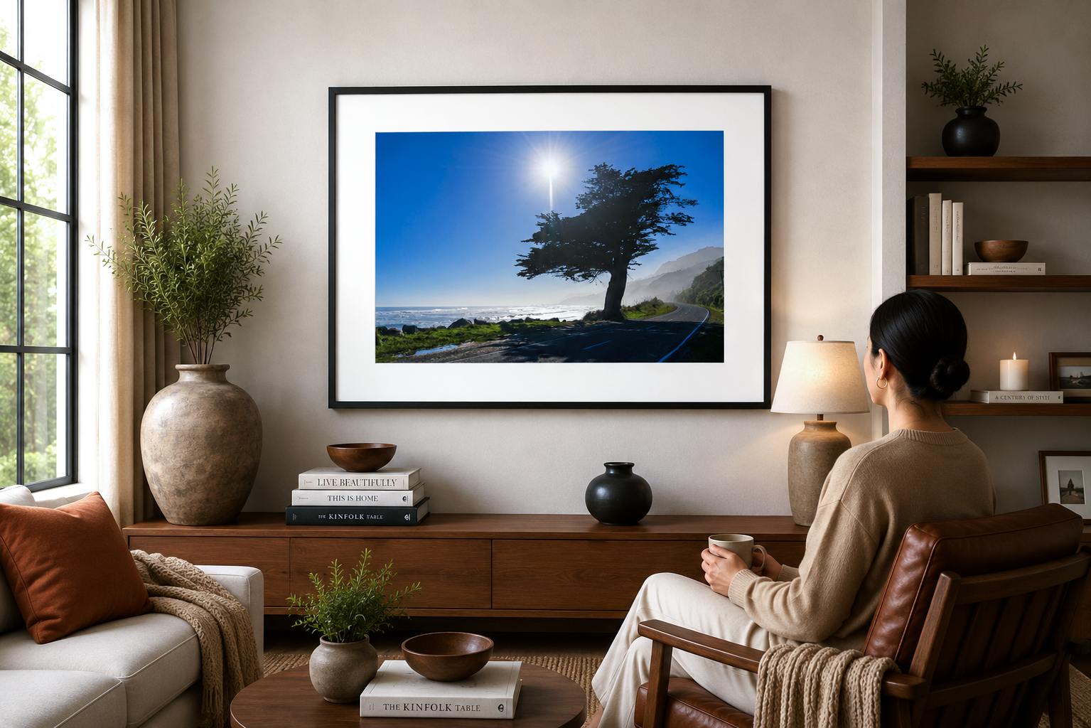 Windswept coastal cypress beside scenic coastal highway overlooking the Tasman Sea.