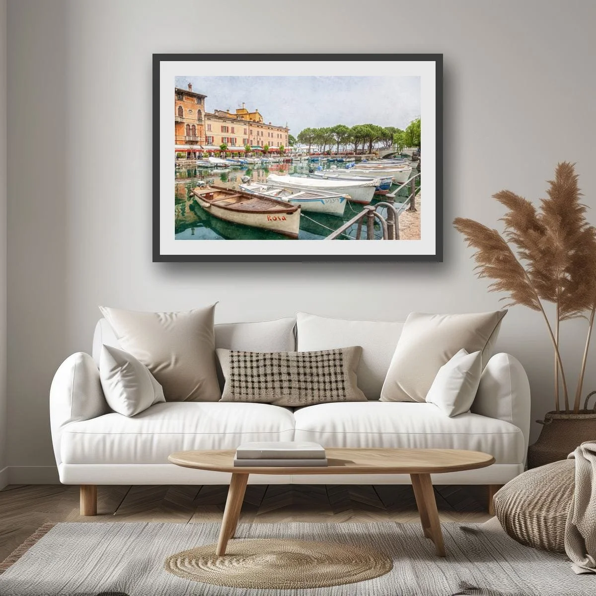 Boats moored along an Italian waterfront