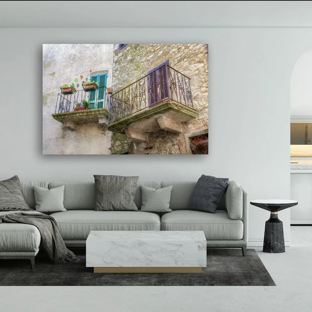 Historic Italian balconies with colourful shutters and stone walls.
