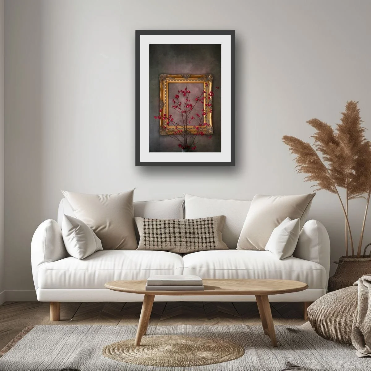 Crimson blossom branches framed by an ornate vintage frame.