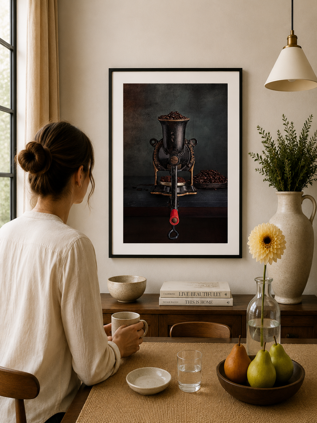Vintage coffee grinder filled with roasted coffee beans.