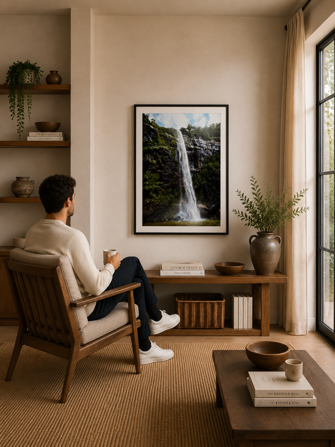 Waterfall flowing down a cliff face in Milford Sound surrounded by rainforest.