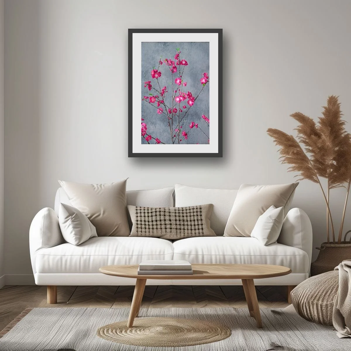 Bright pink blossom branches against a textured backdrop.