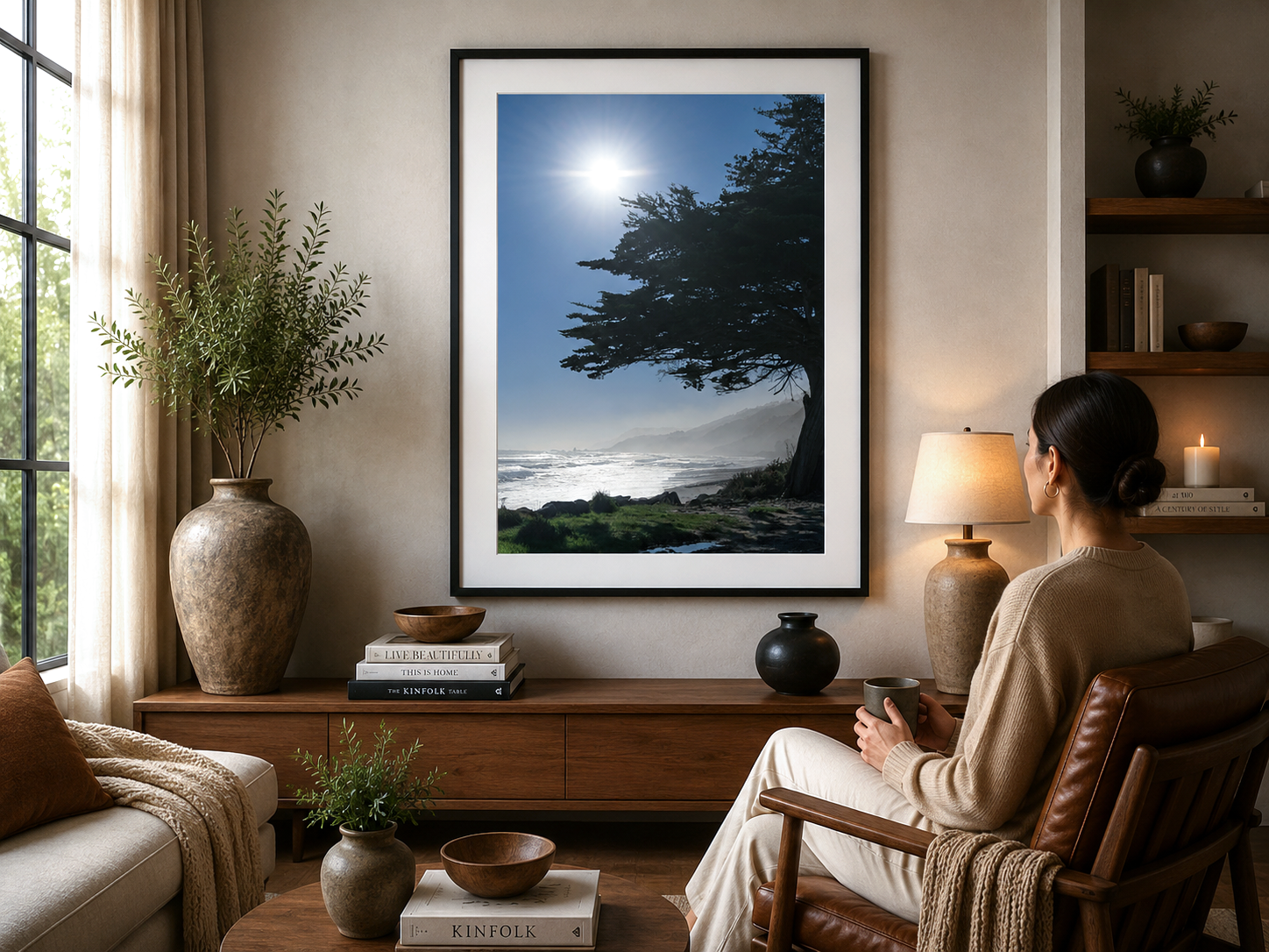 Sunlight shining above a coastal cypress overlooking a misty West Coast shoreline.