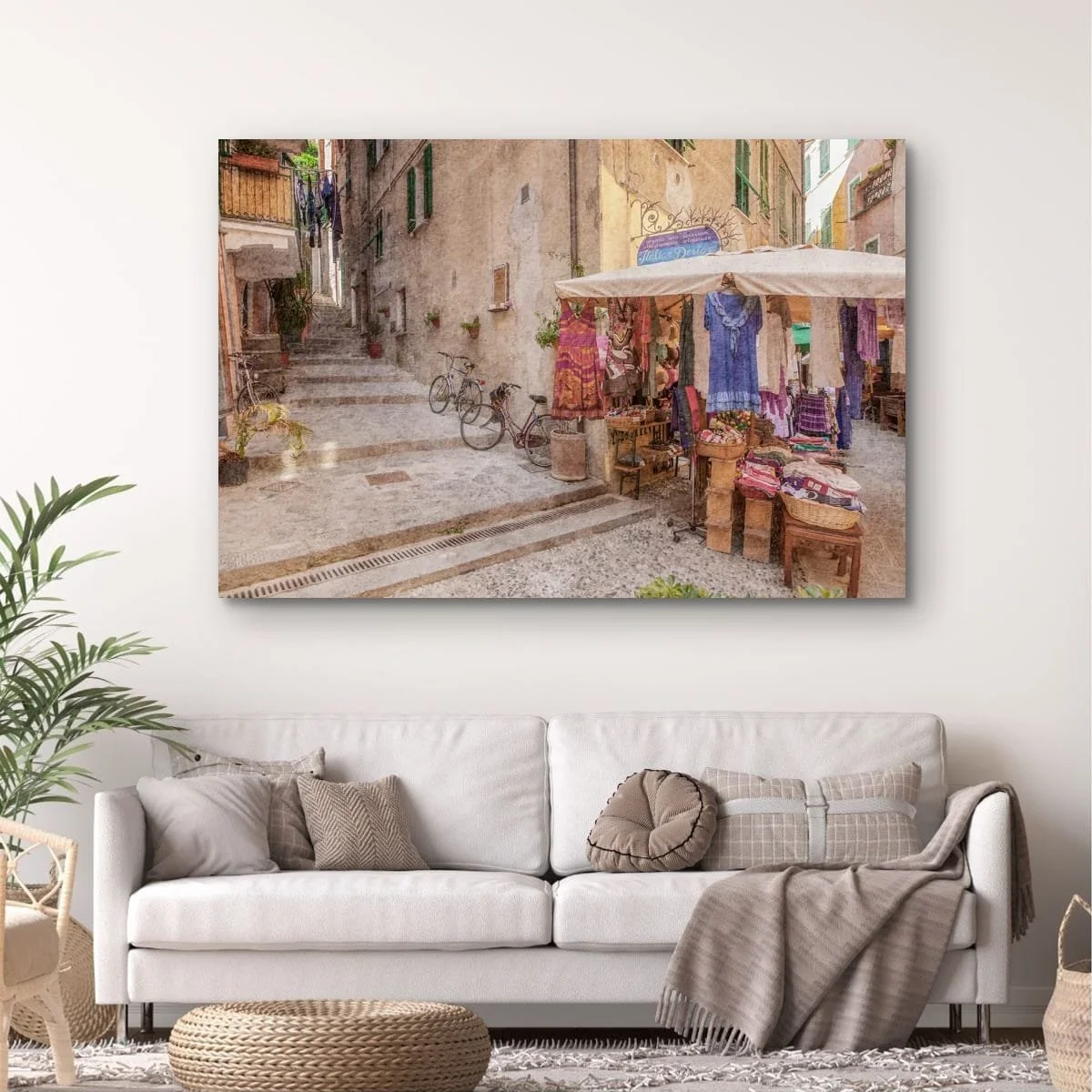 Italian laneway market with colourful textiles