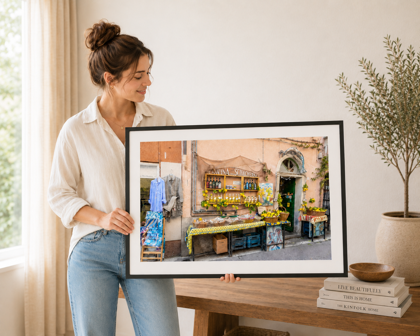 Italian storefront with lemons, wine bottles and rustic village details.