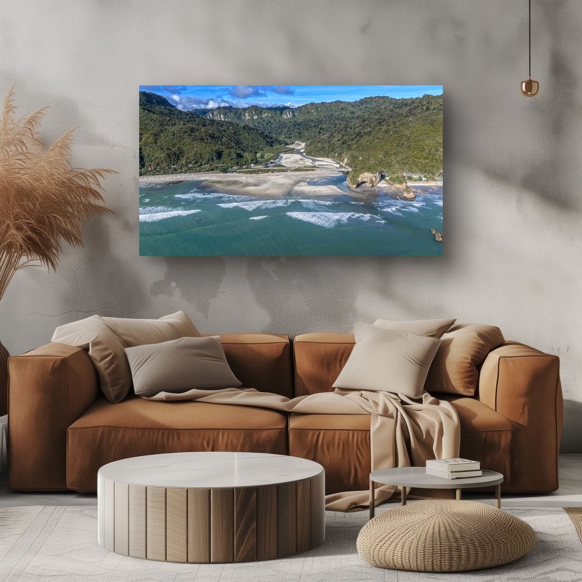 Aerial view of river mouth, beach and ocean waves on the West Coast.