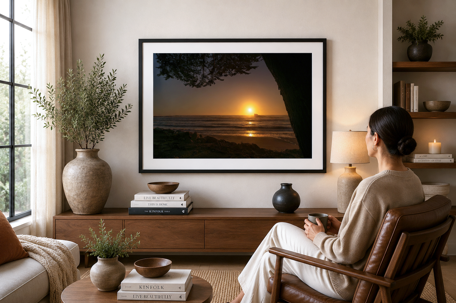 Coastal tree overlooking misty shoreline and ocean beneath bright daylight in West Coast New Zealand.