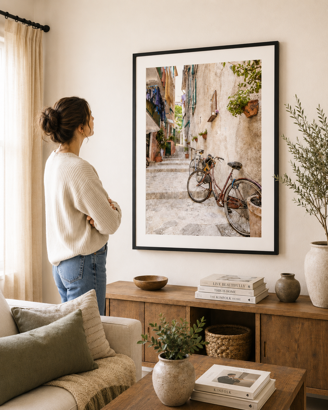 Italian laneway with bicycles, steps and flower pots.
