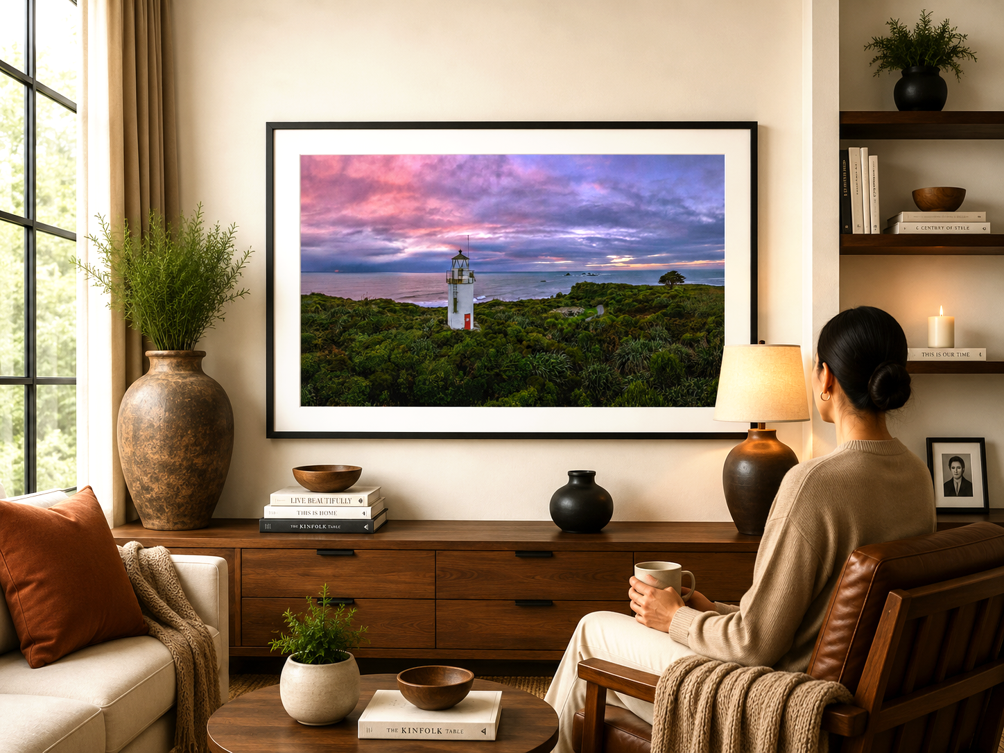 Panoramic view of a historic lighthouse surrounded by native bush at sunset.