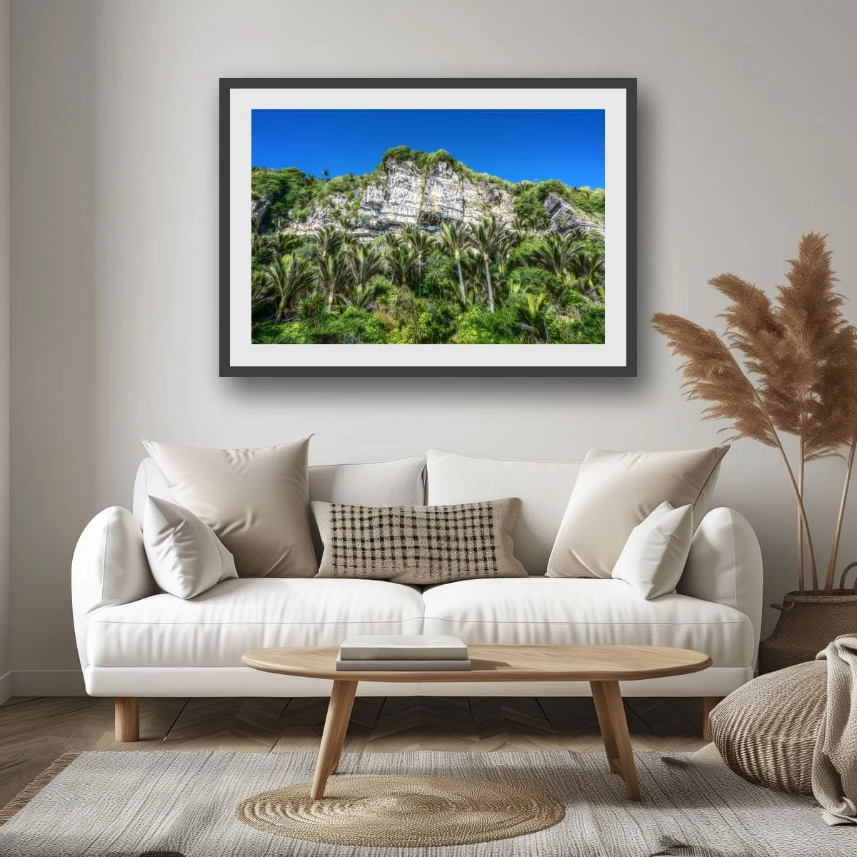 Limestone cliffs towering above native nikau palms.