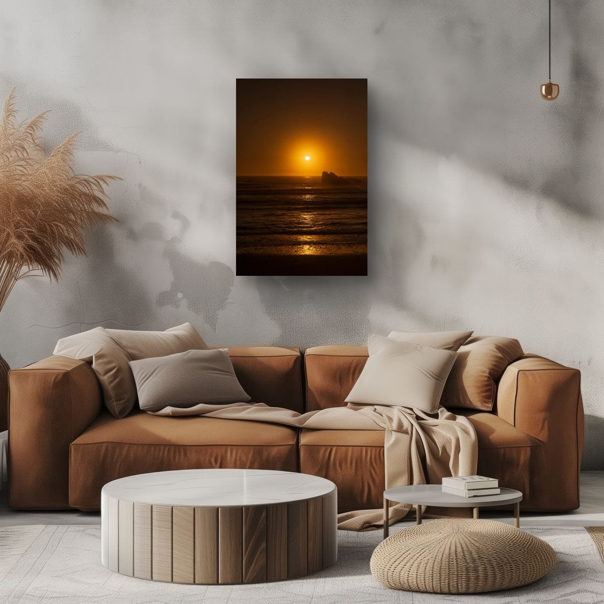 Warm orange sunset over the Tasman Sea with silhouetted sea stack and gentle waves.