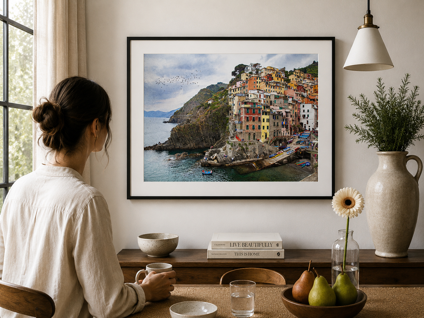 Colourful Italian coastal village overlooking the sea.