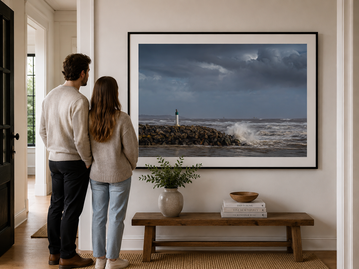 Harbour entrance and rough seas beneath storm clouds.