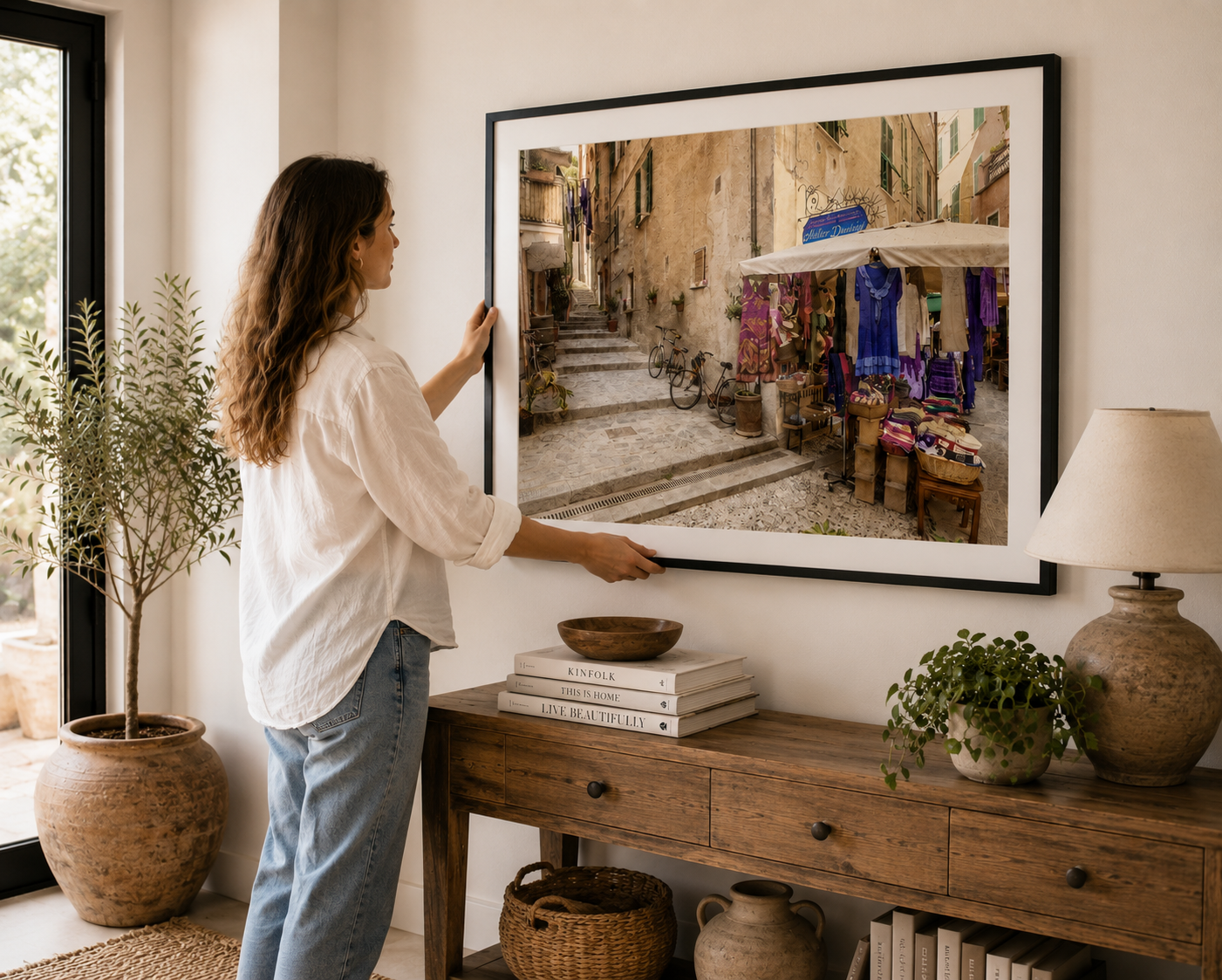 Italian laneway market with colourful textiles