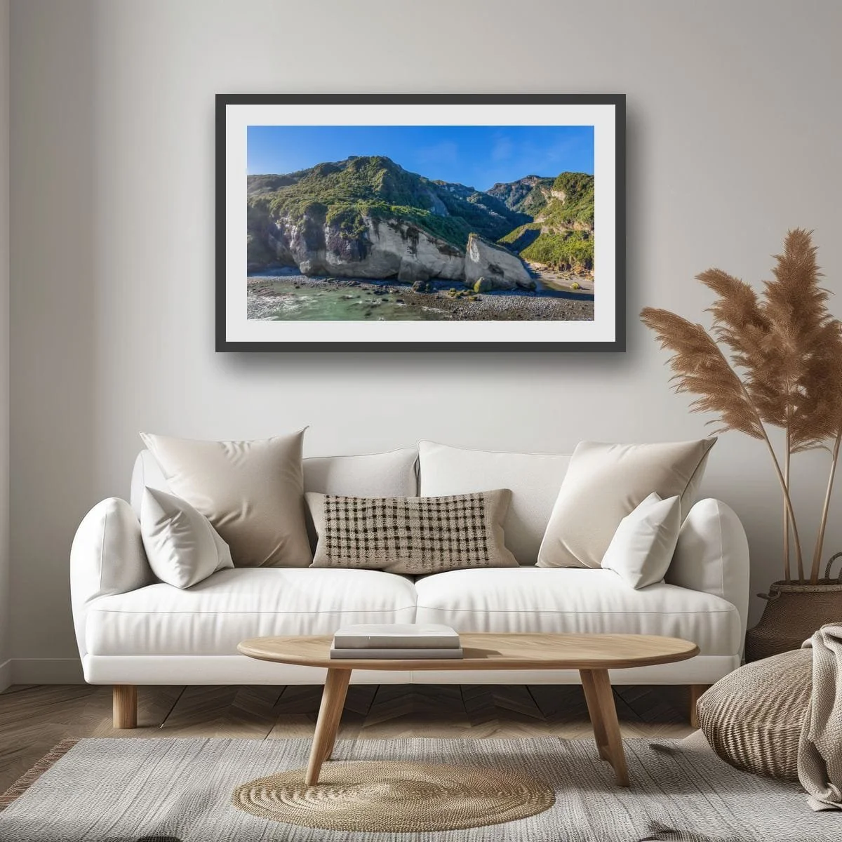 Coastal cliffs and dragon-shaped rock formation near Ten Mile Creek.