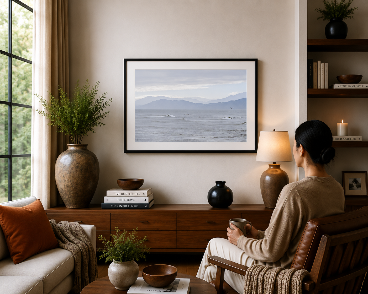 Seabirds flying above gentle waves with distant mountain ranges.