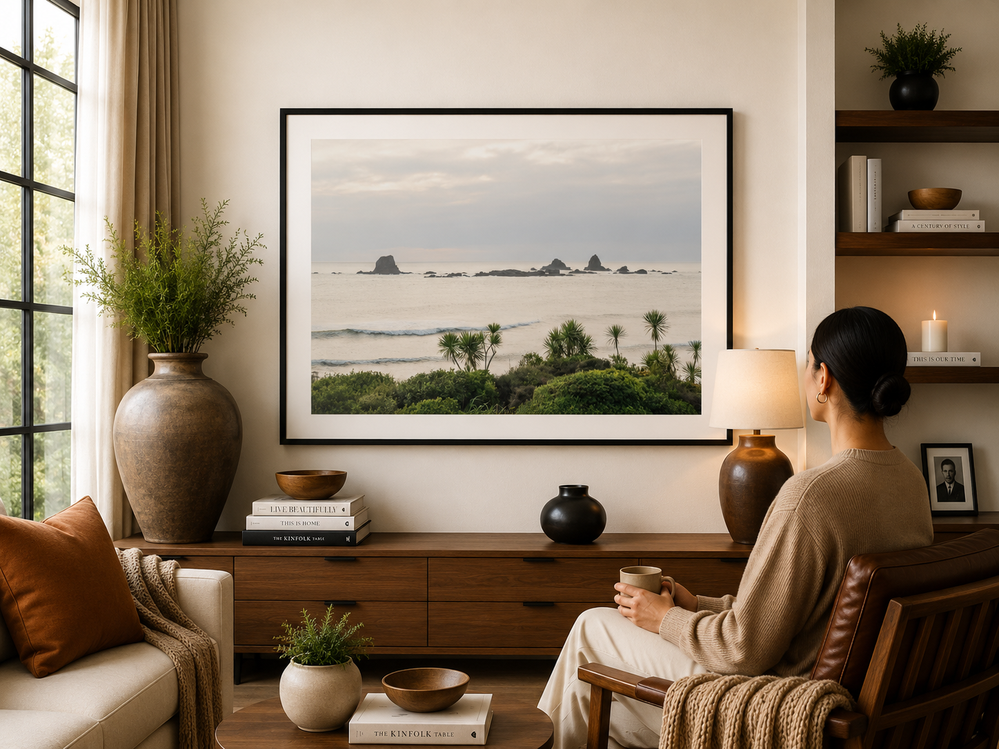 Morning light over sea stacks framed by native coastal plants.