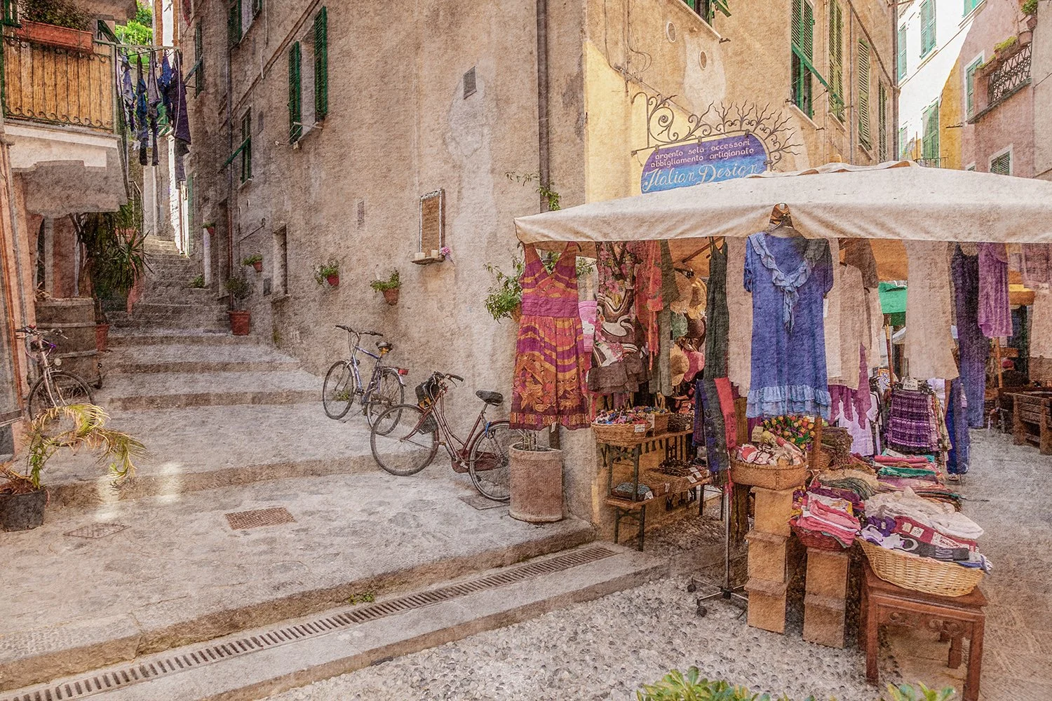 Italian laneway market with colourful textiles