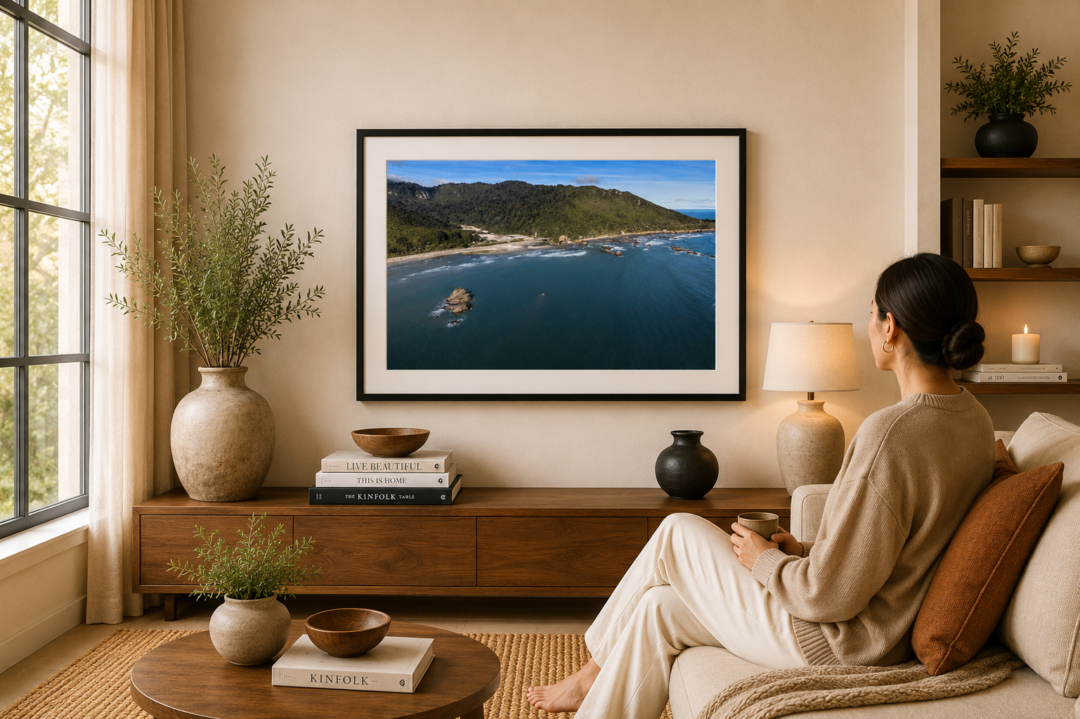 Aerial coastal landscape with offshore rock formation and rugged shoreline.