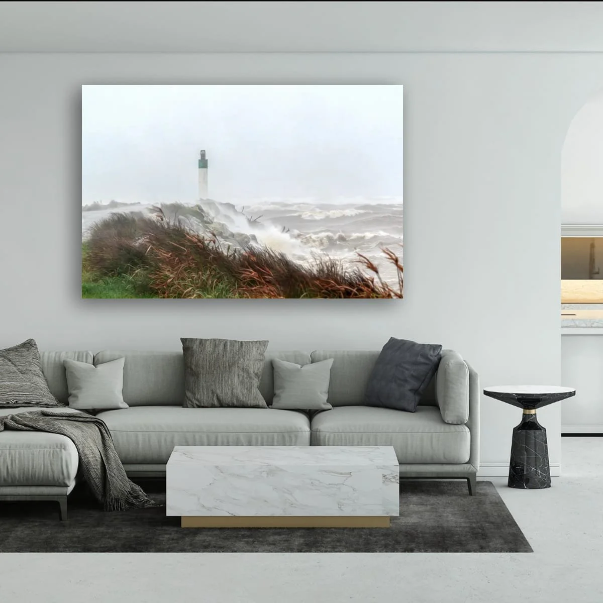 Coastal beacon standing against rough seas and stormy weather.