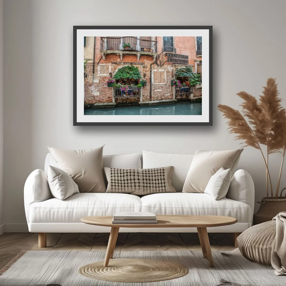 Italian restaurant beside a Venetian canal with flowers and balconies.
