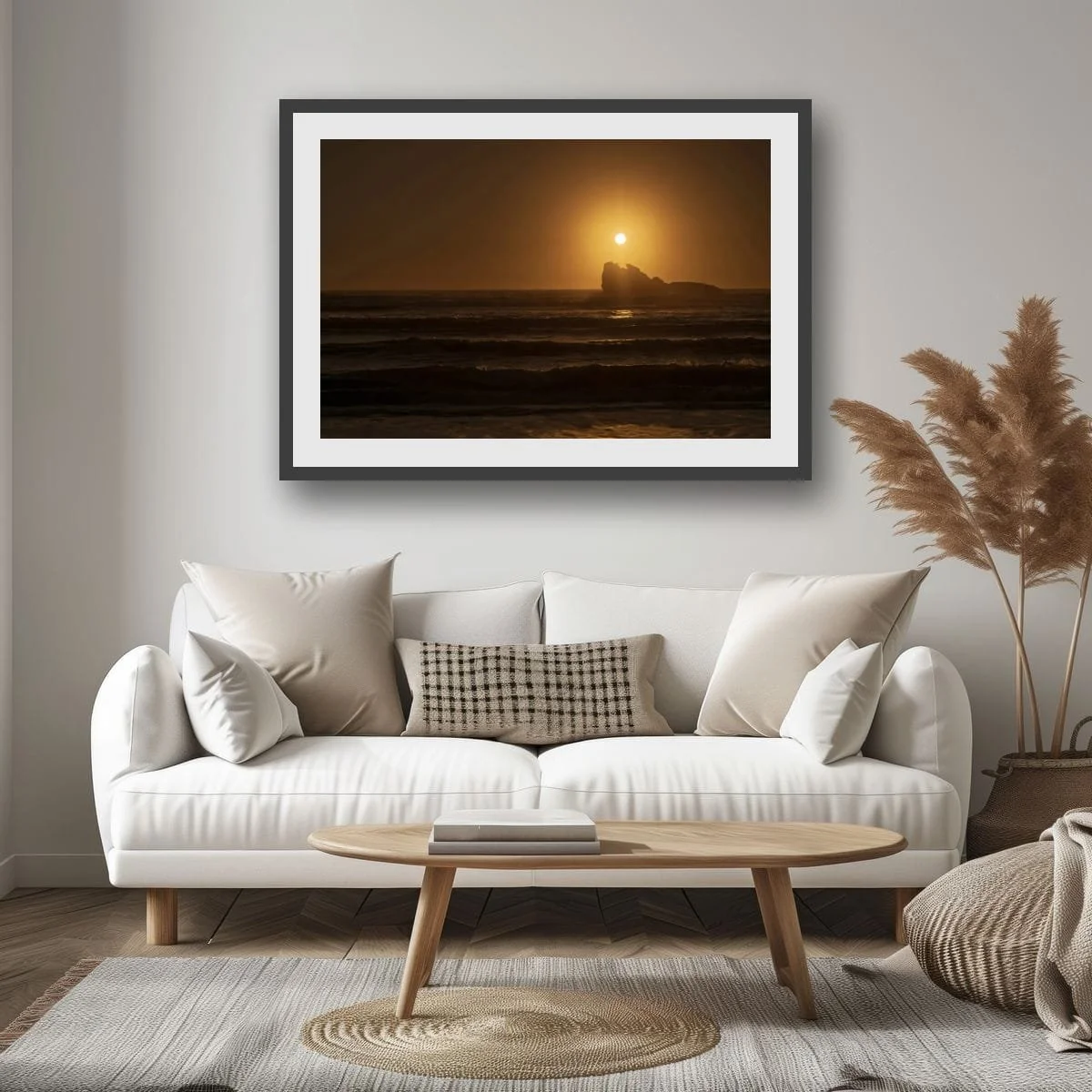Sunlight streaming through a coastal cypress overlooking a misty West Coast beach in Buller, New Zealand.