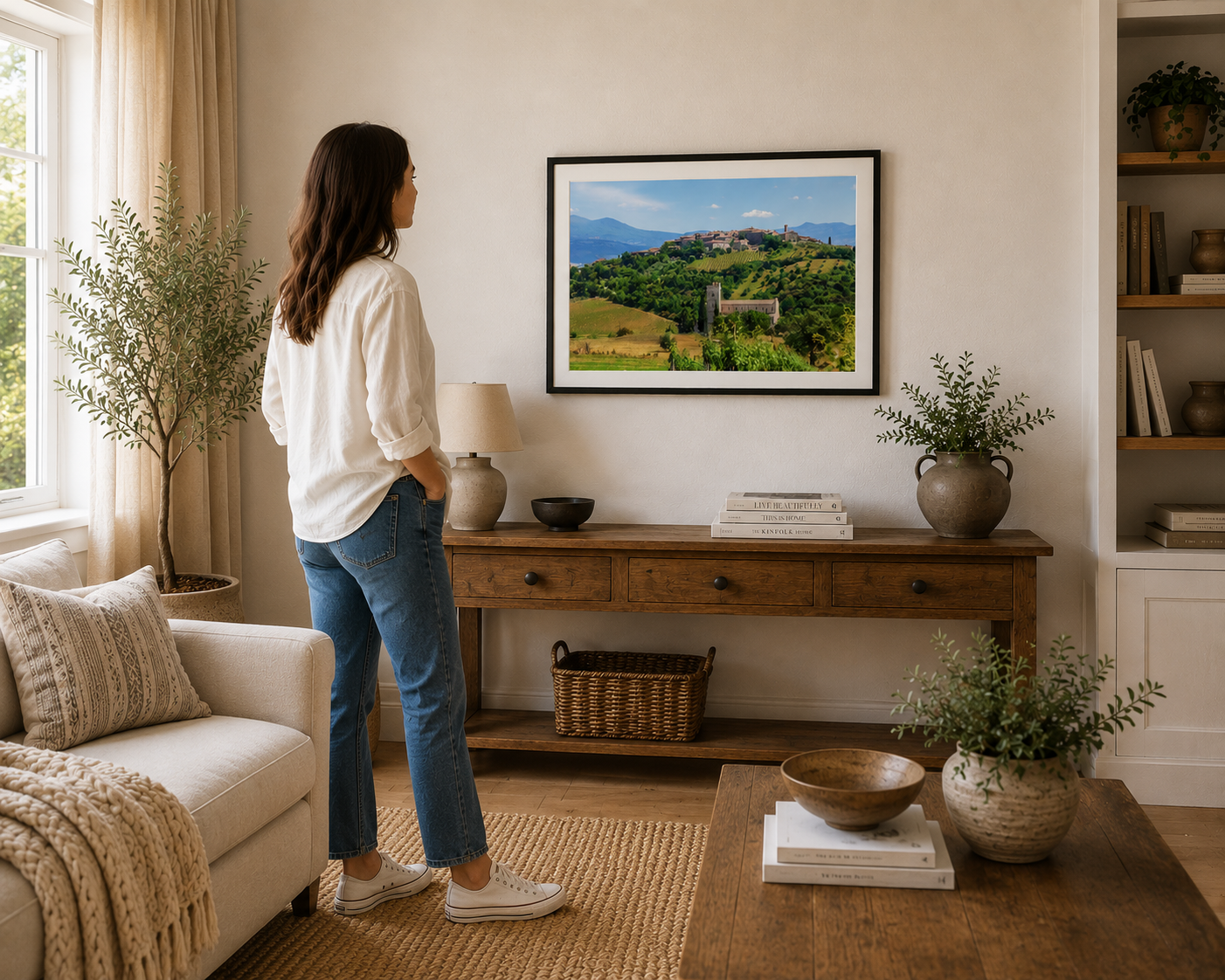 Tuscan hilltop village overlooking vineyards and countryside.