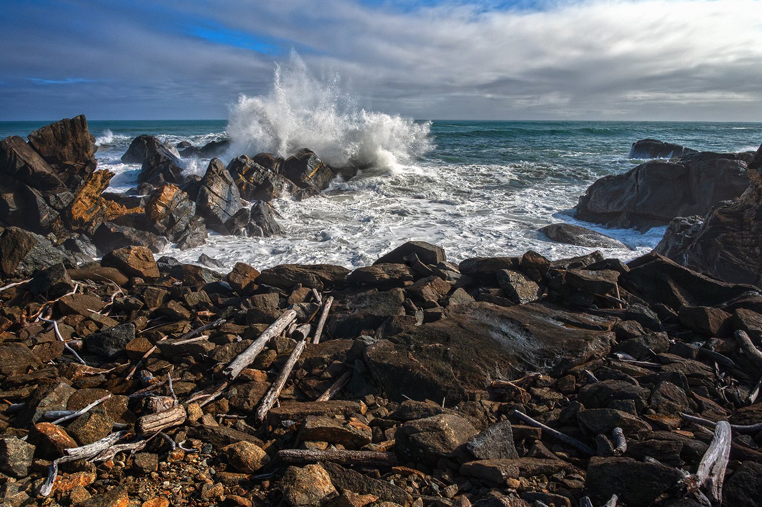 Ocean waves crashing against rocky coastline on the West Coast.