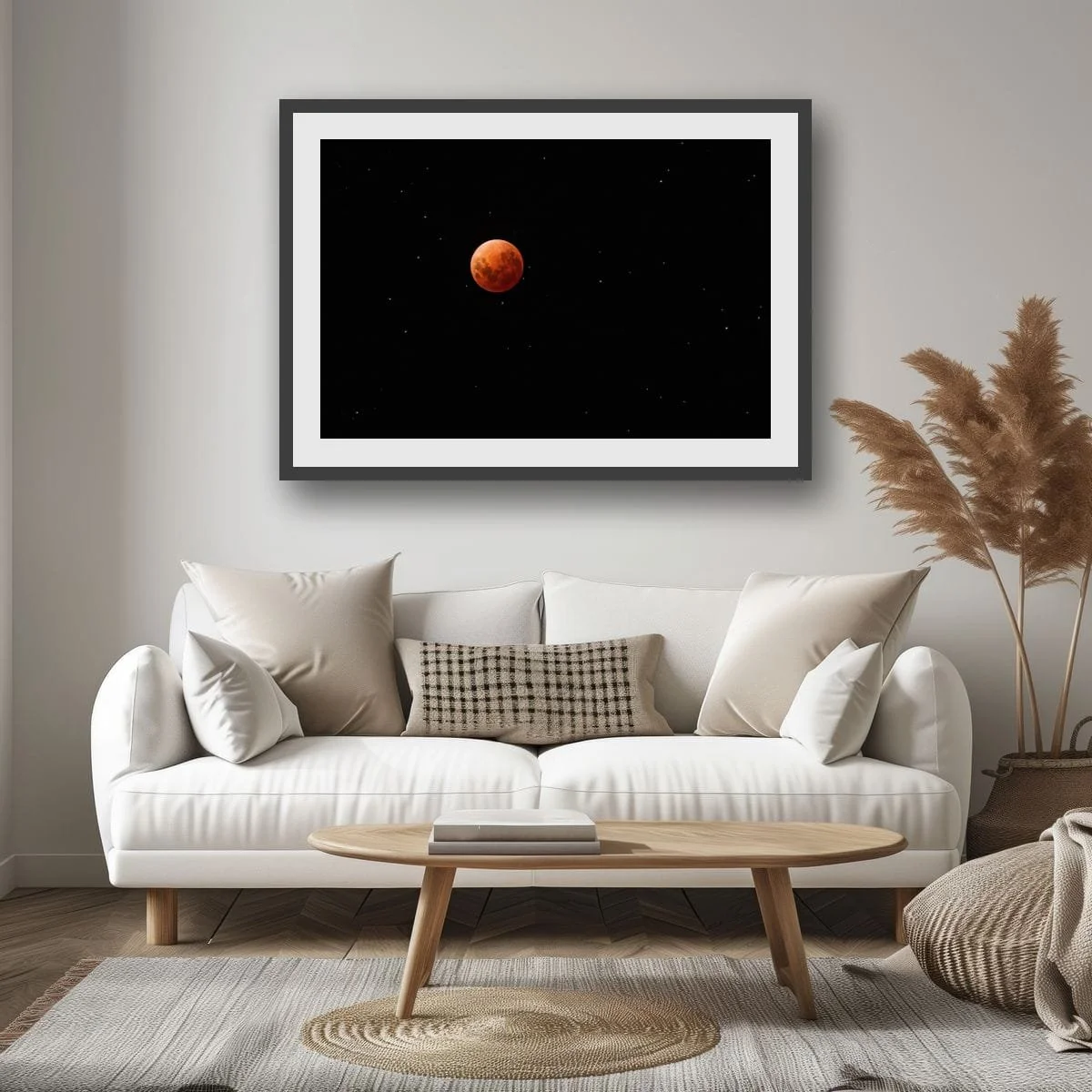 Blood moon lunar eclipse surrounded by stars.
