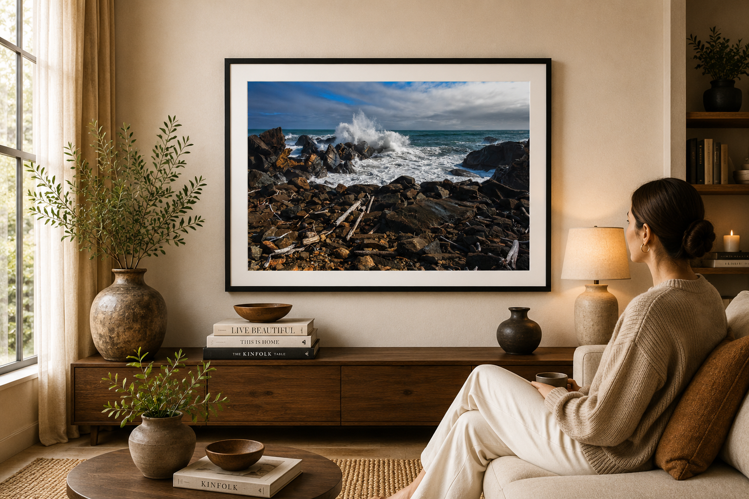 Ocean waves crashing against rocky coastline on the West Coast.