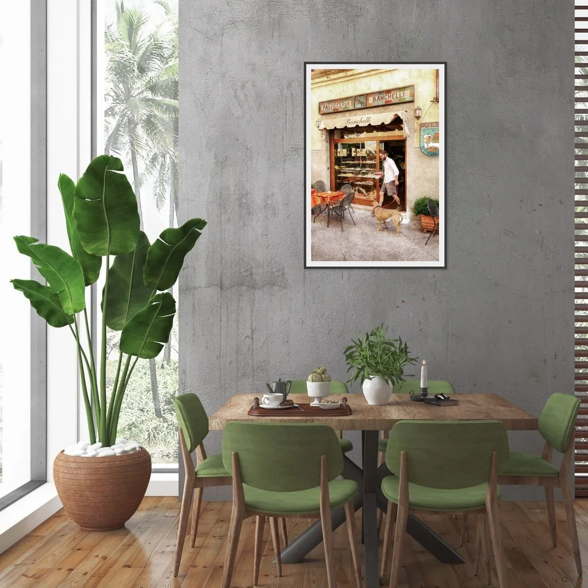 Italian café courtyard with tables and warm architecture.