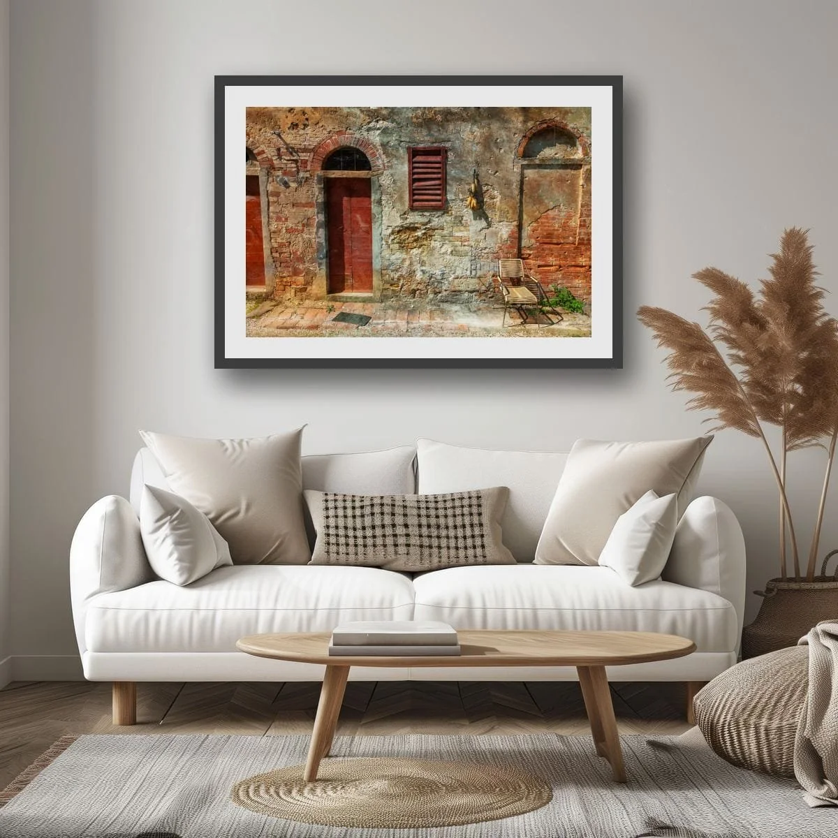 Rustic chair against a weathered Tuscan wall with aged textures.