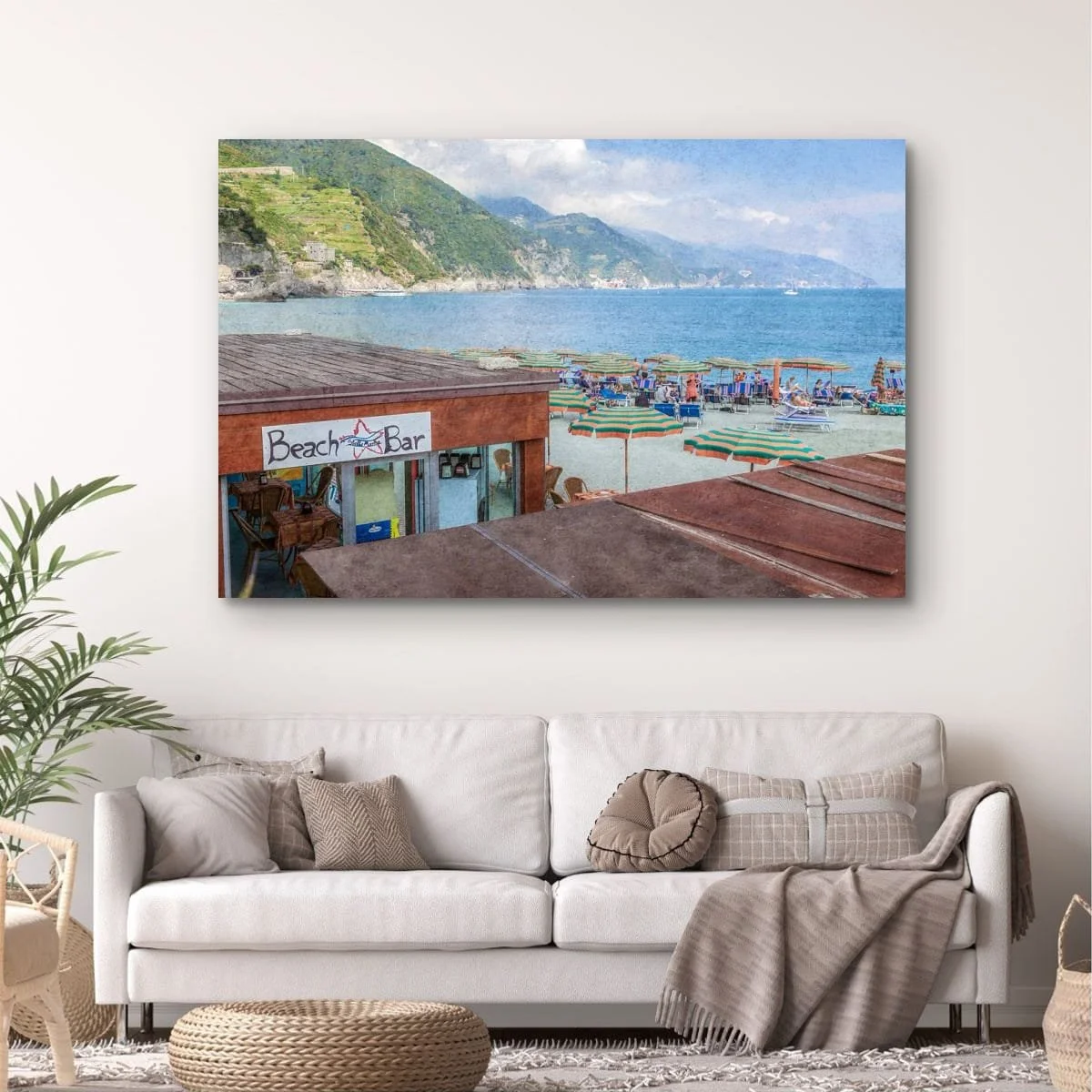 Beach umbrellas and seaside bar overlooking the coastline.
