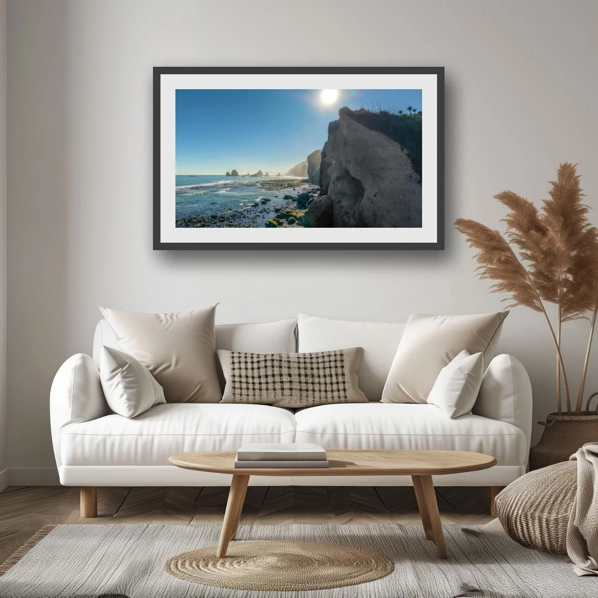 Rugged coastline with cliffs, sea stacks and rocky shoreline.