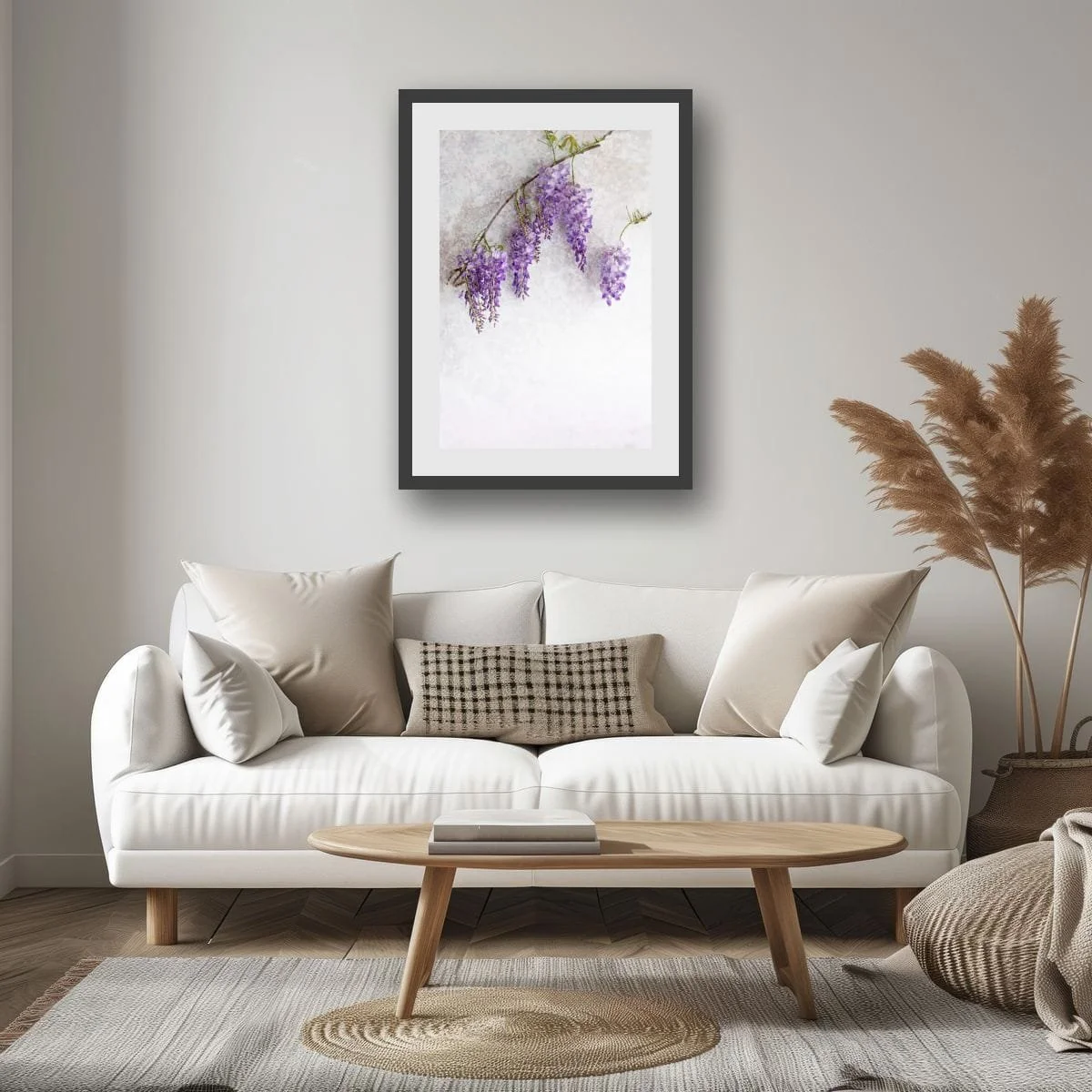 Cascading purple wisteria flowers against a pale backdrop.