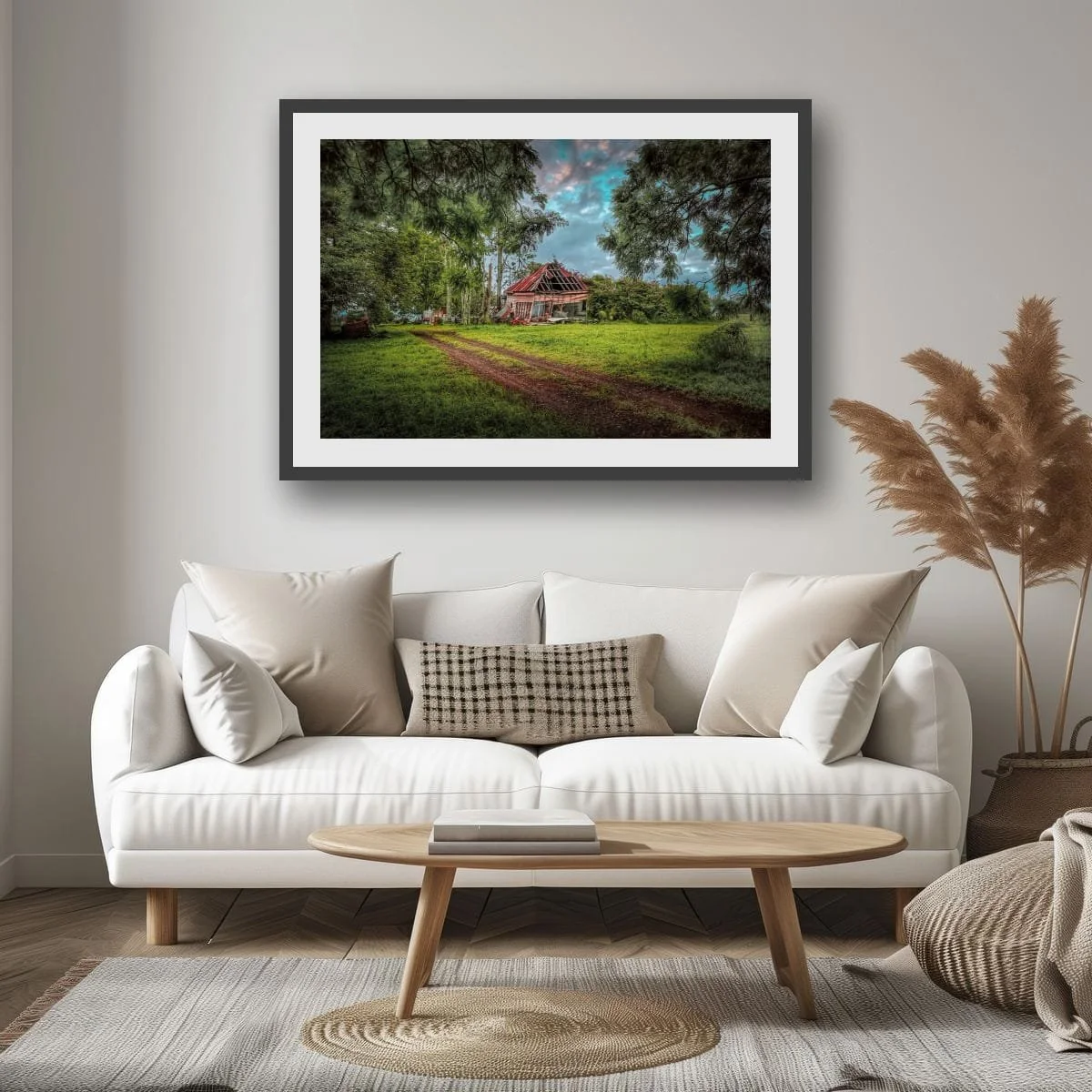 Abandoned rural homestead surrounded by trees and grassland.