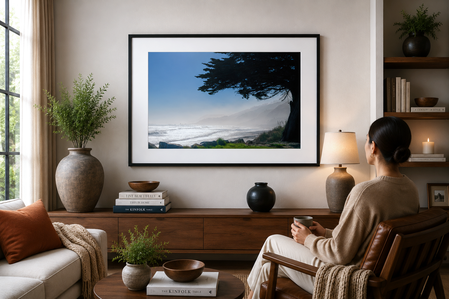 Coastal cypress overlooking misty layered shoreline on New Zealand's West Coast.