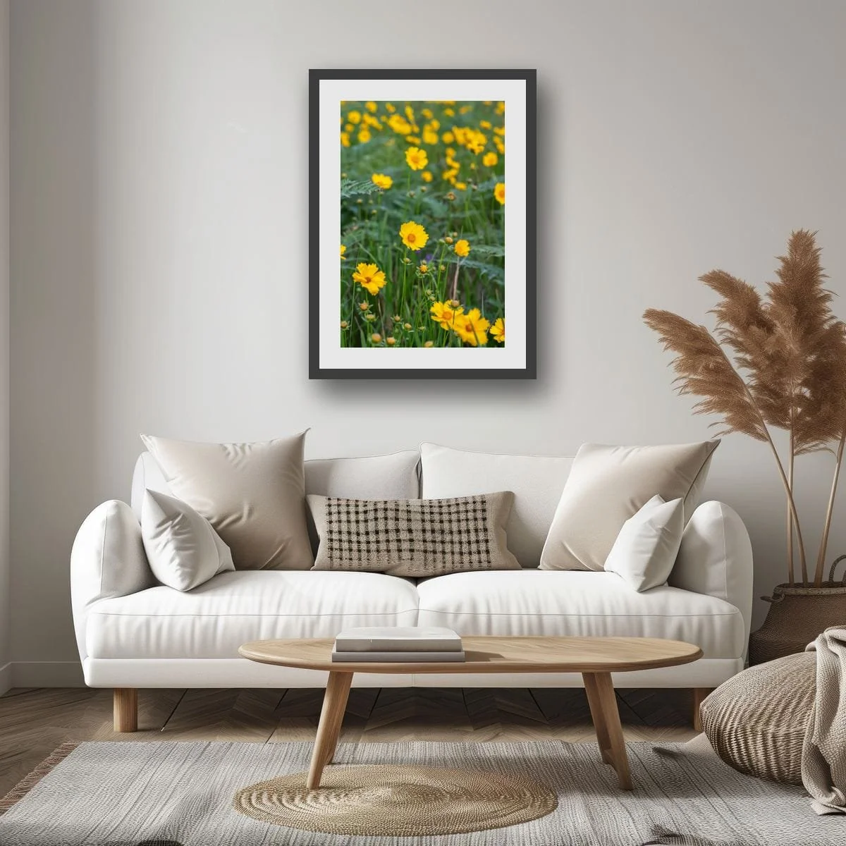 Field of yellow wildflowers blooming beneath soft natural light.