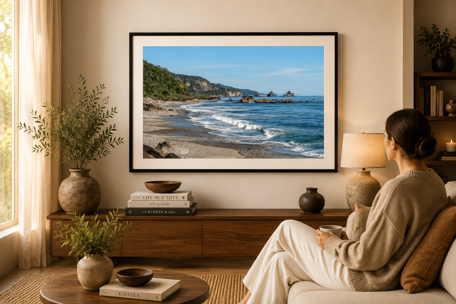 West Coast shoreline with waves, sea stacks and distant mountains.