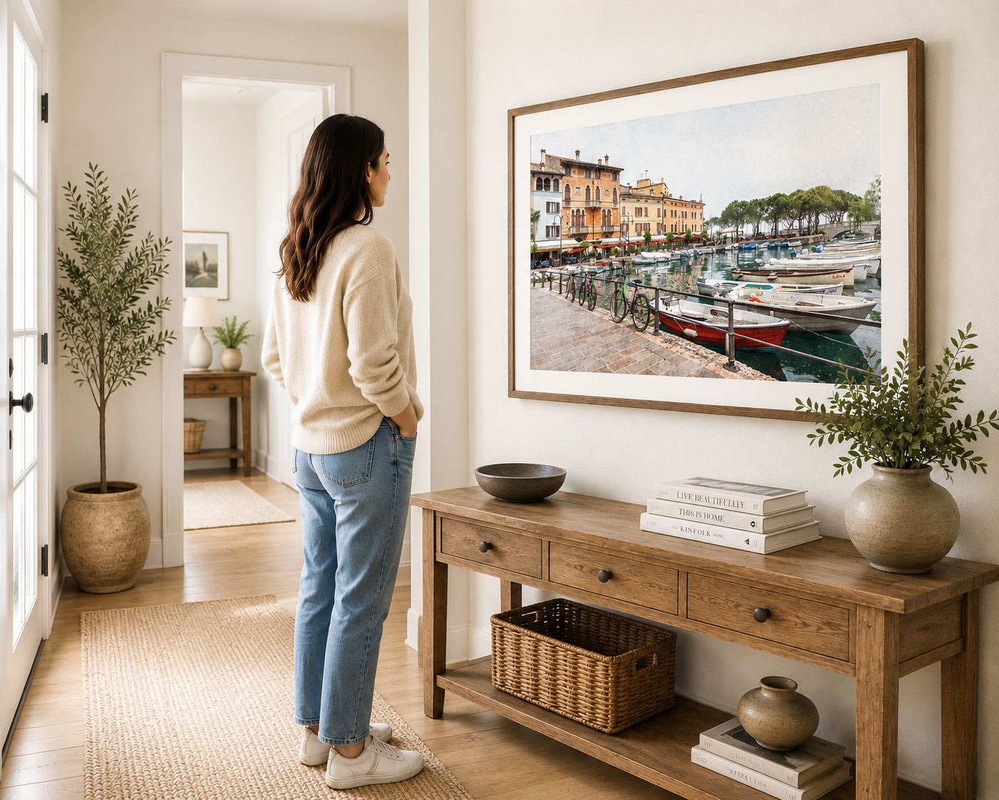 Italian waterfront village with boats, cafés and historic buildings.